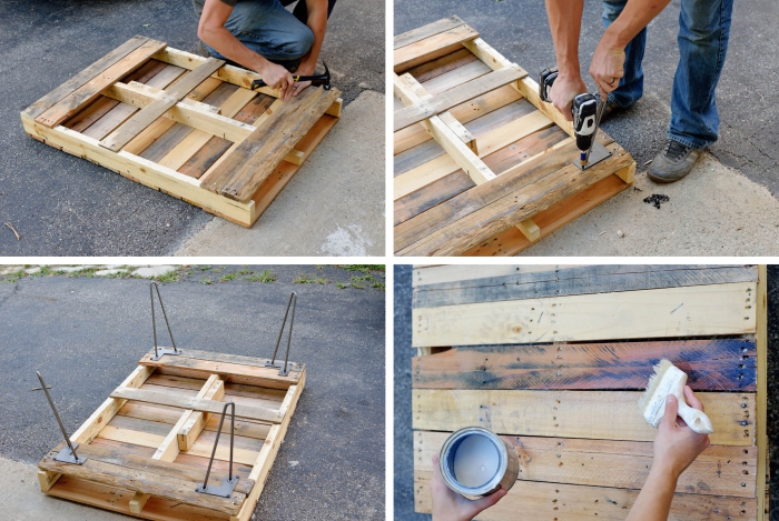 les étapes finales de la fabrication d une table basse palette d esprit industriel, comment réaliser une table en bois récup à pieds en épingles