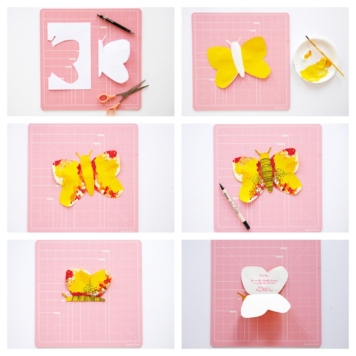 papillon en papier décoré de peinture jaune et rouge, idee de cadeau maitresse maternelle, carte remerciement maitresse diy