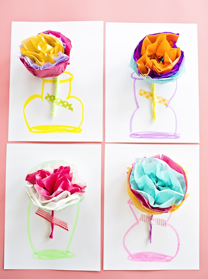 idee cadeau maitresse maternelle, dessin de vase sur un bout de papier avec une fleur 3d en papier de soie coloré
