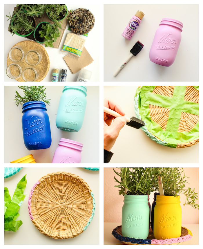 pots d ingrédients colorés de peinture avec étiquettes en batonnets de glace dans un panier aux bords colorés