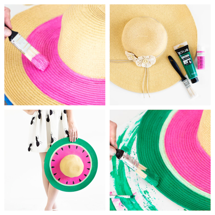 personnaliser un chapeau été à motif pastèque en rose, noir et vert, activité manuelle ado à faire soi meme