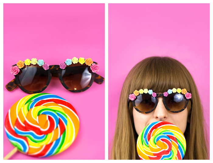customiser des lunettes de soleil à fleurs colorés artificielles en bordure, sucette colorée arc en ciel