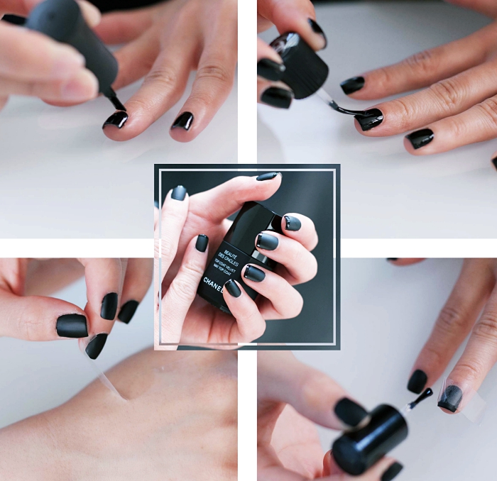 modele ongle nail art en noir, comment faire une french manucure en noir brillant et noir mate chez soi, idée manucure élégante facile