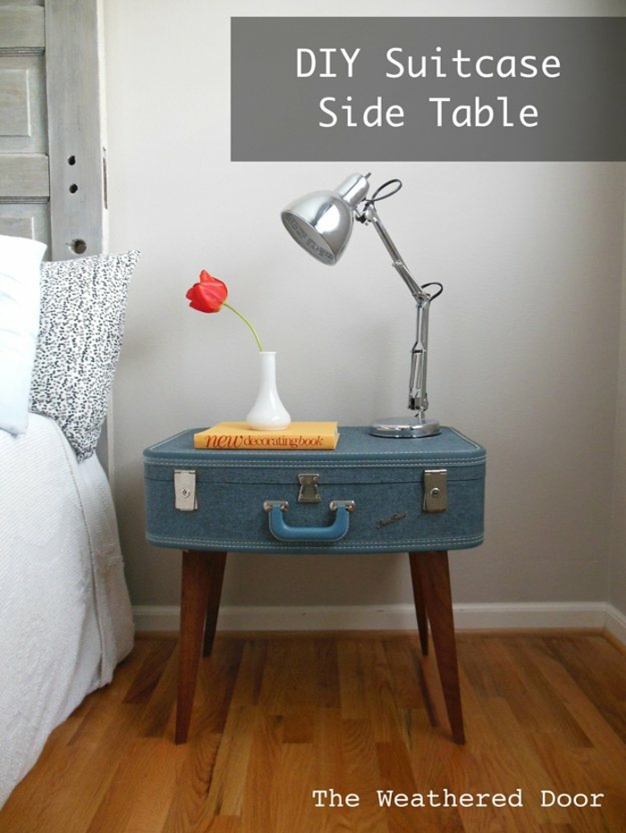 mettre une table de chevet originale, valise vintage bleue, mur gris, ambiance rustique