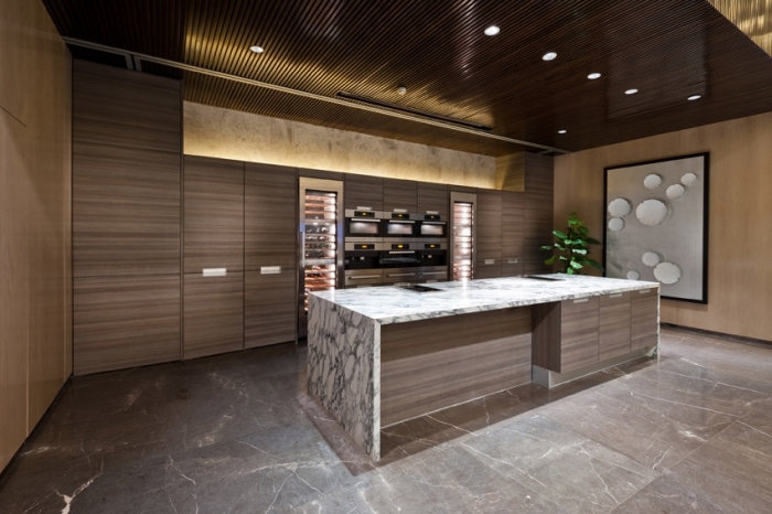 décor moderne dans une cuisine contemporaine foncée aux murs marron et beige avec revêtement partiel bois