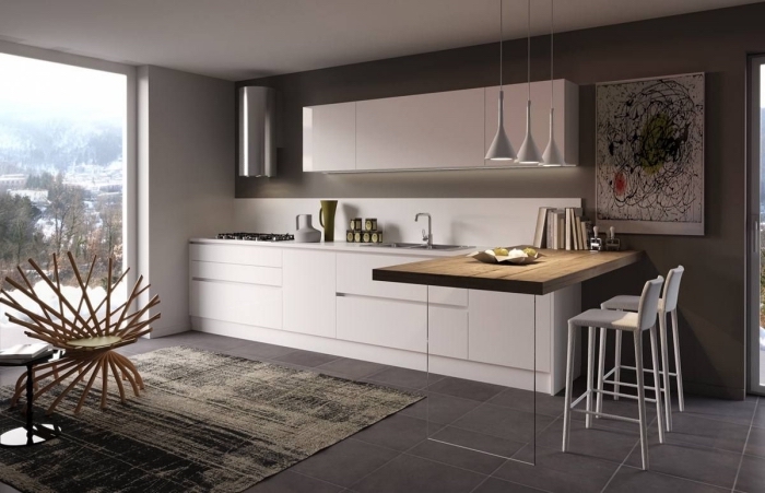 avec quelle couleur associer le gris dans une déco cuisine moderne, modèle de cuisine ouverte en blanc et gris