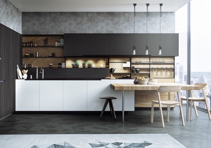 design intérieur de cuisine grise et bois avec plafond blanc, aménagement cuisine avec meubles haut noirs et meubles bas blancs sans poignées