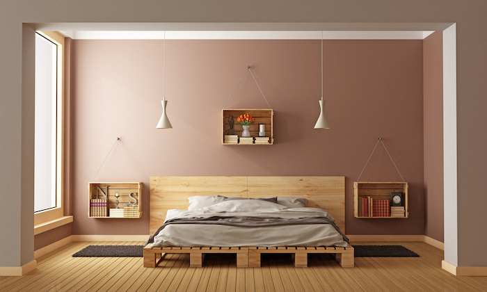 modele sommier palettes bas et caisse en bois déco murale pour chambre moderne style japonais