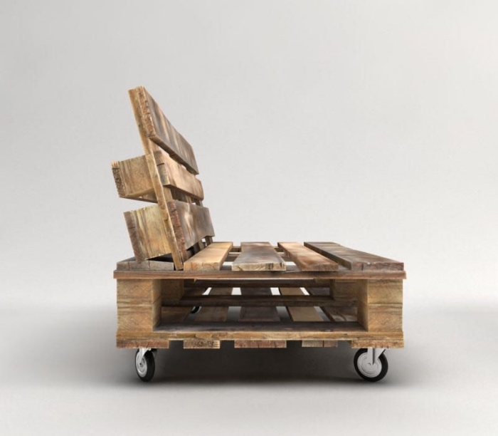 exemple de mobilier en bois pour jardin ou intérieur de style brut, modèle de fauteuil ou banc en palettes de bois foncé