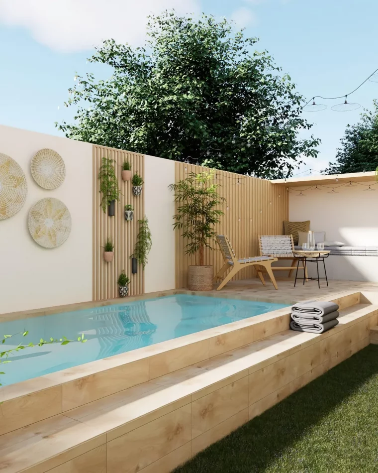 mur exterieur deco poteaux de bois plantes piscine