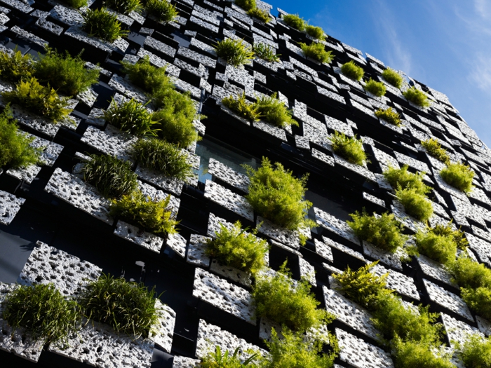 culture verticale, mur végétalisé, jardin vertical sur un édifice avec la façade en cubes de pierre, effets de labyrinthe, accents en vert, design futuristique 