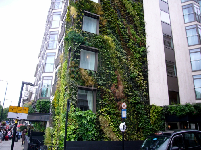 du vert en ville, culture verticale avec des plantes vertes, rouges et jaunes, hôtel avec un mur recouvert de plantes, mur vegetal exterieur