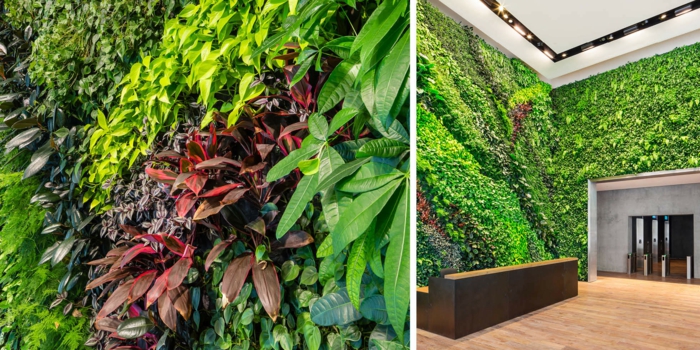 culture verticale dans un édifice, motifs de lignes ondulantes en plantes vertes et rouges, mur végétalisé, musée, salle d'expositions