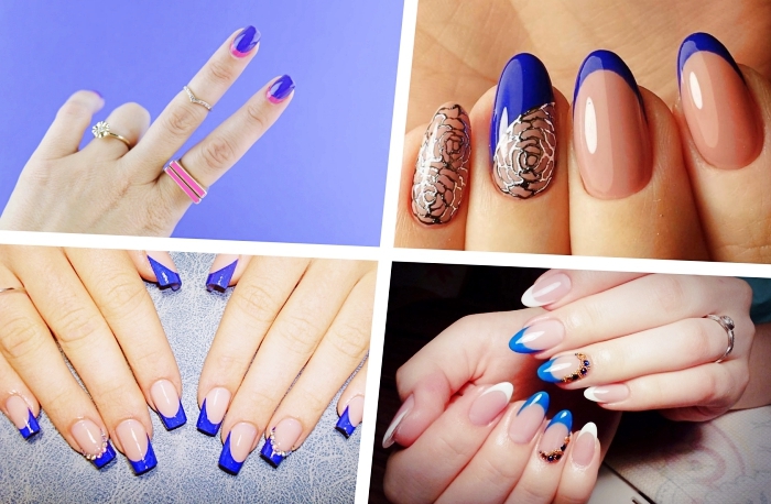 deco ongle à vernis bleu foncé, modèle de nail art français avec base nude et traits bleu à déco dorée aux motifs floraux