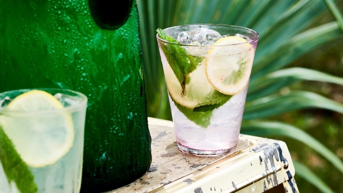 exemple de boisson fraiche verte préparée avec de l'eau gazeuse et jus de citron vert pressé et garni de feuilles de menthe