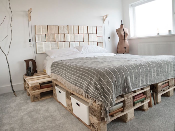 fabriquer un sommier et lit table de chevet avec palettes europe avec rangements dans chambre avec déco design minimaliste