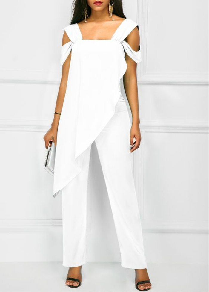 pantalon tailleur blanc, tailleur pantalon femme cocktail, pantalon smoking femme, tenue ceremonie femme en blanc avec tunique aux bords asymétriques et épaules dénudées