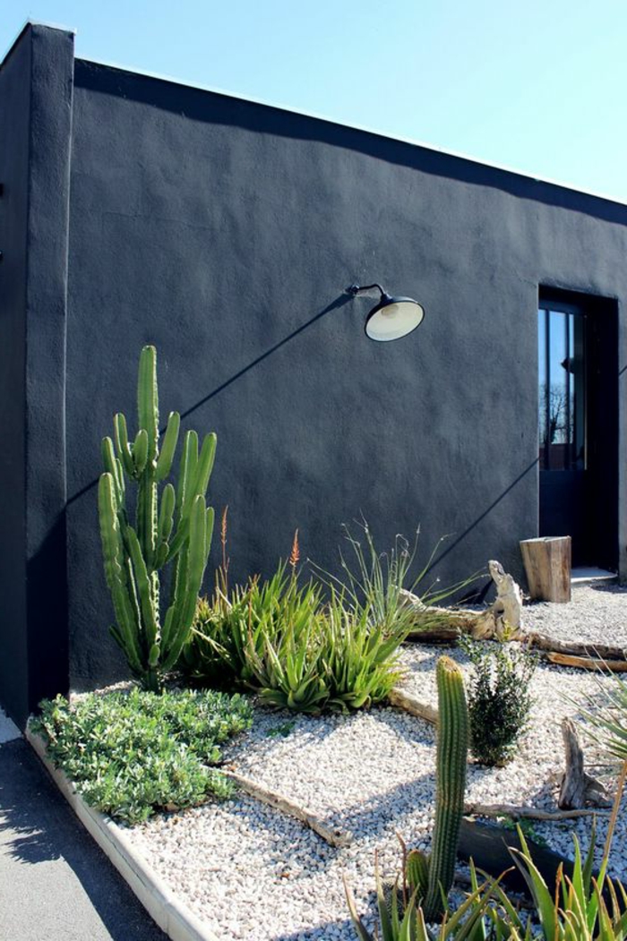 une décoration murale extérieure avec mur peint tout en noir, avec grande lampe en métal noir en style industriel, habiller un mur extérieur de peinture sombre, sol recouvert de petits cailloux gris et blancs, végétation exotique et cactus
