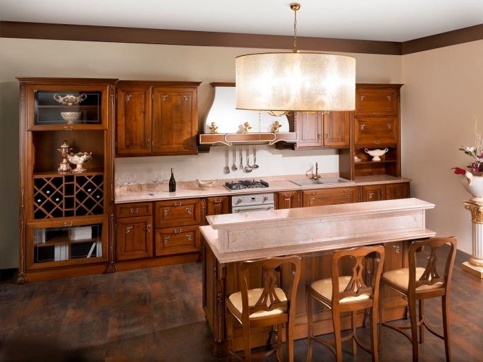 idée décoration de cuisine avec meubles de bois marron foncé et ilot central, pièce aux murs beige et plafond blanc