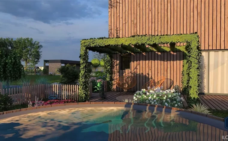 pergola enrobee d une plante grimpante piscine