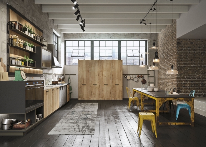déco de style loft industriel dans une cuisine ouverte avec salle à manger, modèle de déco intérieur en gris et noir