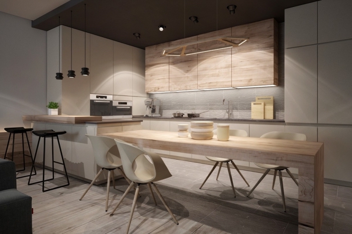 exemple de cuisine moderne au plafond gris anthracite et meubles haut en bois clair avec crédence en gris clair