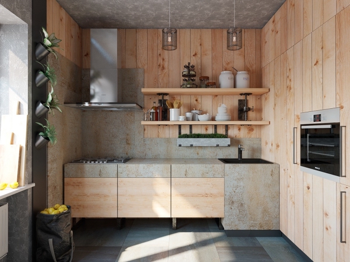 déco d'intérieur petite cuisine au plafond et sol gris avec revêtement de mur partiel en bois clair et étagères de bois