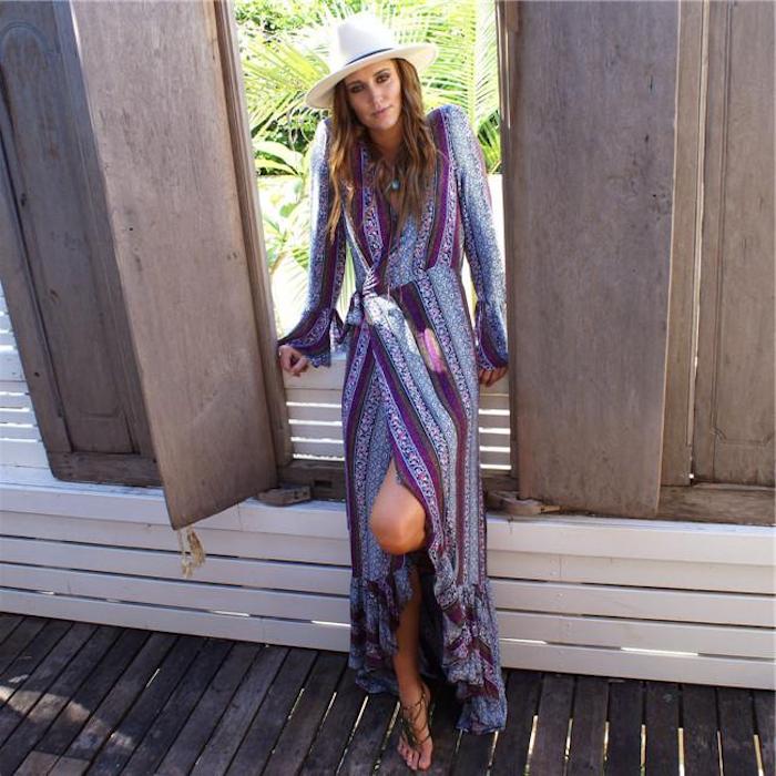 Belle robe longue violet coloré boheme robe hippie chic dentelle été beauté