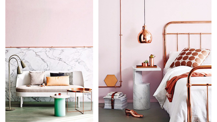 Chambre rose et blanc rose poudree les nouvelles tendances decor moderne chambre à coucher adulte rose gold détails salon meme style