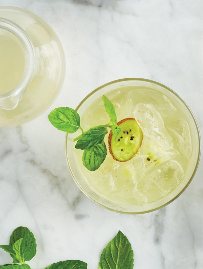 idée comment préparer une boisson fraiche avec de l'eau et jus de citron et kiwi, garnir limonade avec feuilles d'herbes fraîches