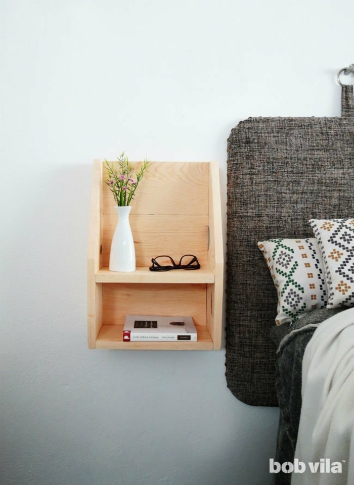 table de chevet scandinave pas cher, petit chevet en bois design scandinave, tête de lit en tissu
