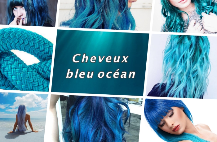 choisir une couleur de cheveux tendance, coiffure de cheveux de couleur bleu océan aux reflets turquoise bleu clair ou foncé