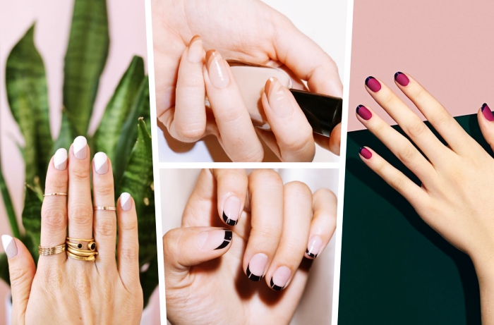 tendance-manucure-ongles-longs-ou-courts-vernis-nude-technique-demi-lune-couleurs-terrestre-manucure-bordeaux-trait-noir-bouts deco ongle en gel en version française, manucure de base bordeaux mate avec bouts ongles noirs, manucure french en noir