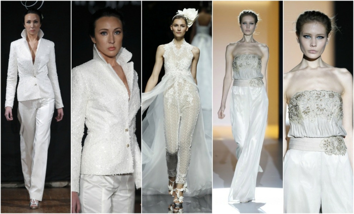 pantalon smoking femme en blanc et ivoire, cinq looks, combishort mariage, vestes et bustiers richement ornées de perles et de broderies