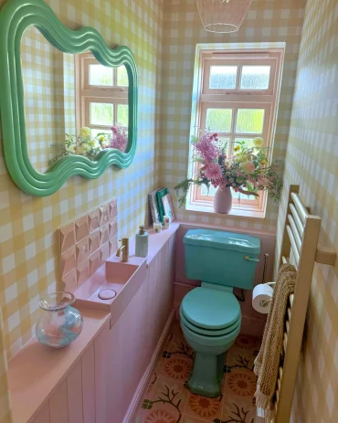 toilette vert et rose avec un miroir vert ambiance campagnarde