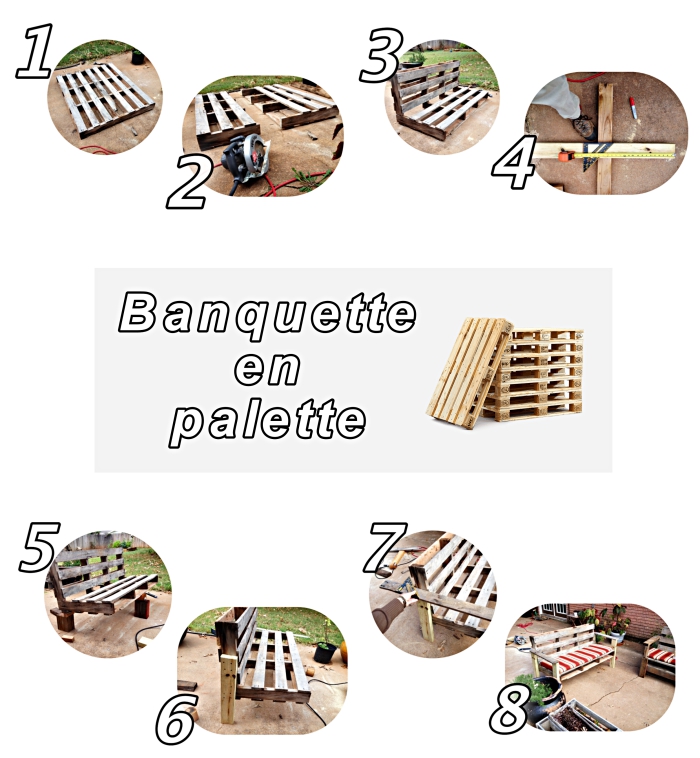 pas à suivre pour fabriquer une banquette en palette de bois, projet DIY pour faire un mobilier d'aménagement terrasse ou jardin