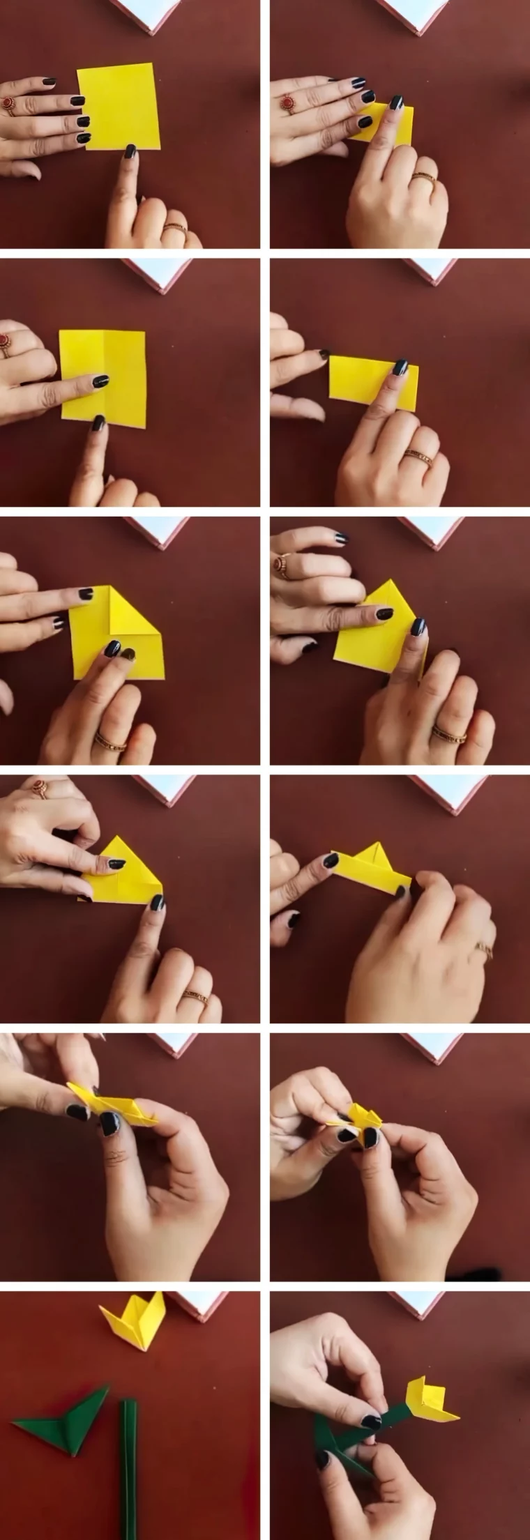 tuto pliage origami facile diy tulipe feuille cartonne jaune tige verte