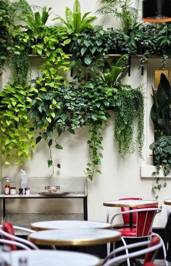 habillage mur exterieur avec des étagères en bois clair pour y mettre des pots de plantes vertes, rampantes, deco mur exterieur verte, espace aménagé avec des chaises de bar et des tables de bar rondes