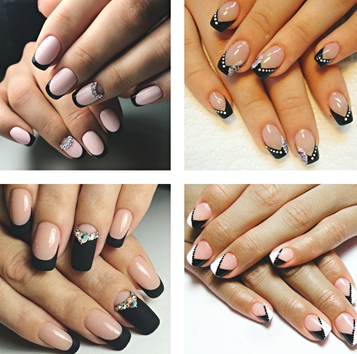 exemple de nail art à design français en noir, manucure ongles mi-longs de base rose pastel avec bouts noirs et déco à effet demi-lune en cristaux