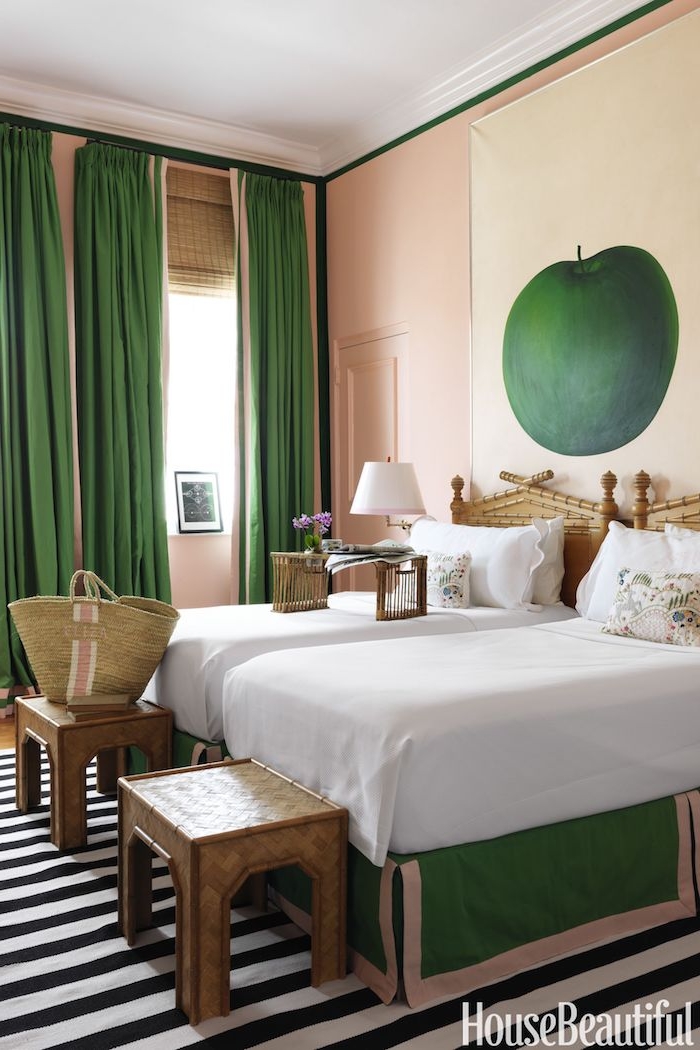 Décoration peinture salon couleur idéale pour chambre adulte aménagement simple vert blanc et rose pale
