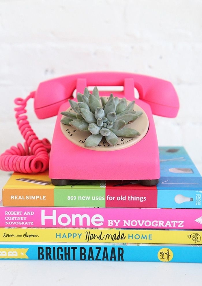 objet déco intérieur original DIY pour chambre ado fille, modèle de téléphone en plastique peint en rose avec plante succulent