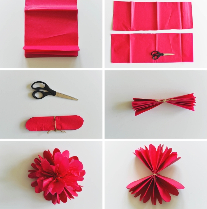 tutoriel pour apprendre comment réaliser une fleurs en papier crépon, modèle de fleur DIY fabriquée en papier rouge
