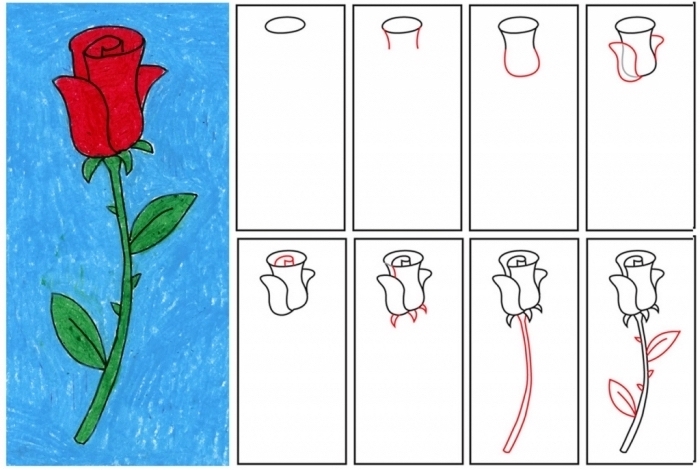 tutoriel pour réaliser un dessin de fleur facile, loisir créatif pour enfants, apprendre comment dessiner une rose fermée