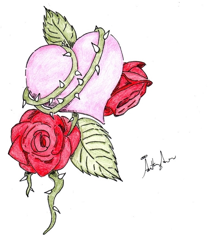 modèle de dessin en couleur avec coeur rose et roses rouges aux feuilles vertes, exemple de dessin facile à faire, dessin rose facile