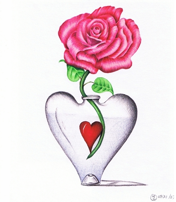 idée pour une fleur a dessiner, exemple de dessin original avec une vase en forme de coeur et rose en couleurs