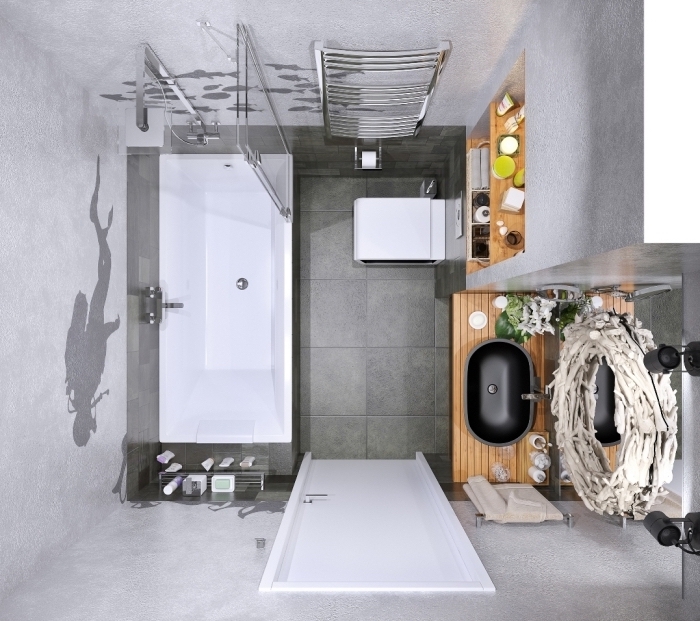 modele carrelage salle de bain de couleur gris foncé combiné avec une baignoire et une cuvette suspendue blanches