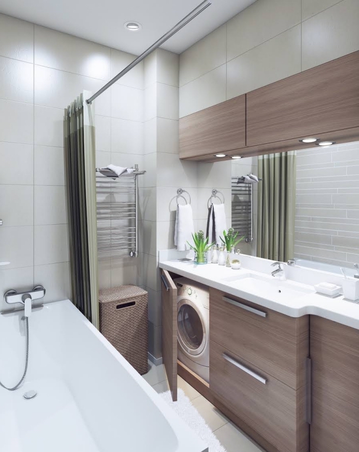 exemple salle de bain tendance aménagée en couleurs neutres avec plafond et murs blancs et meubles rangement en bois avec éclairage led