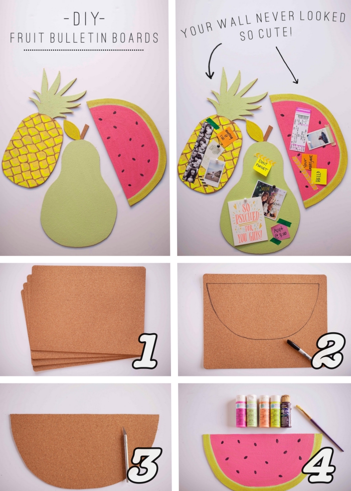 modèle de babillards colorés à design fruits ananas et pastèque réalisé avec carton et papier coloré, activité manuelle ado facile