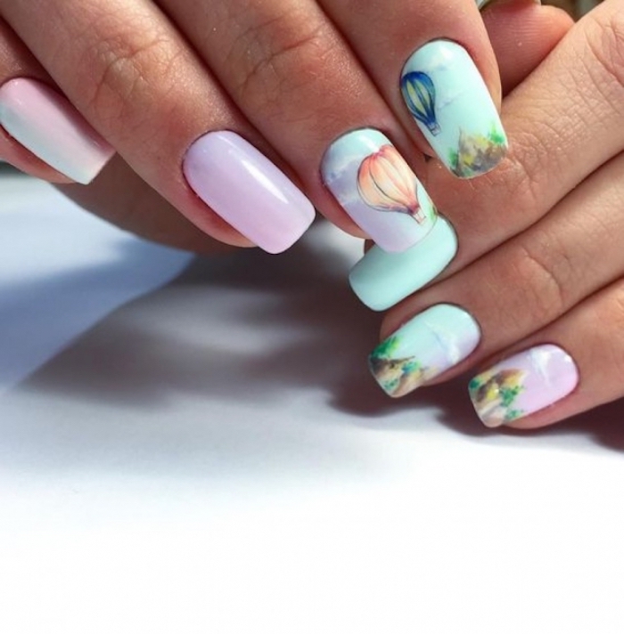 Deco ongle gel coloré style ombre ciel, ballon en air chaut dessin sur ongle, modèle ongle en gel couleur été 2018, design moderne estival et féminine