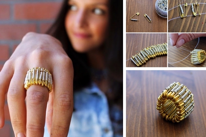 exemple comment réaliser un bijou original avec des épingles de sécurité, modèle de bague DIY en perles et épingles de sécurité